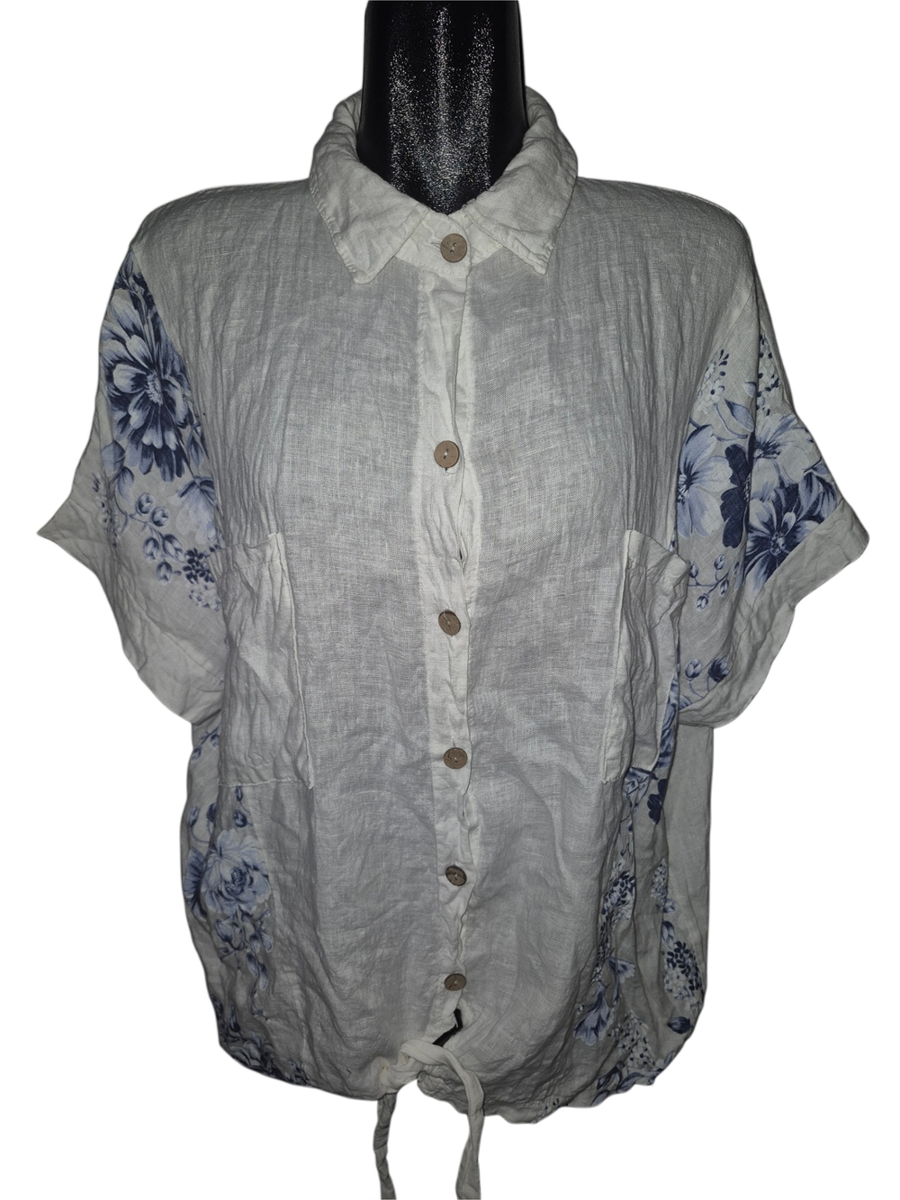 Froccella Women’s 100% Italian Linen Button-Front Top with Blue Floral Print
